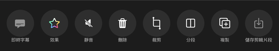 選取剪輯片段時顯示在檢視器下方的按鈕。 按鈕由左至右為：「即時字幕」、「效果」、「靜音」、「刪除」、「裁剪」、「分段」、「複製」和「儲存剪輯片段」。