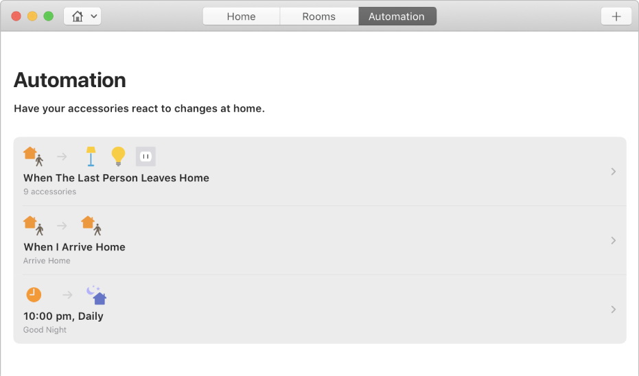 The Automation screen displaying options for accessories when a person leaves the home, when a person arrives home, and when it’s bedtime.