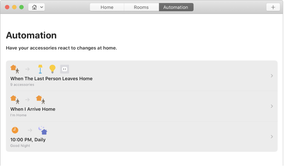 The Automation screen displaying options for accessories when a person leaves the home, when a person arrives home, and when it’s bedtime.