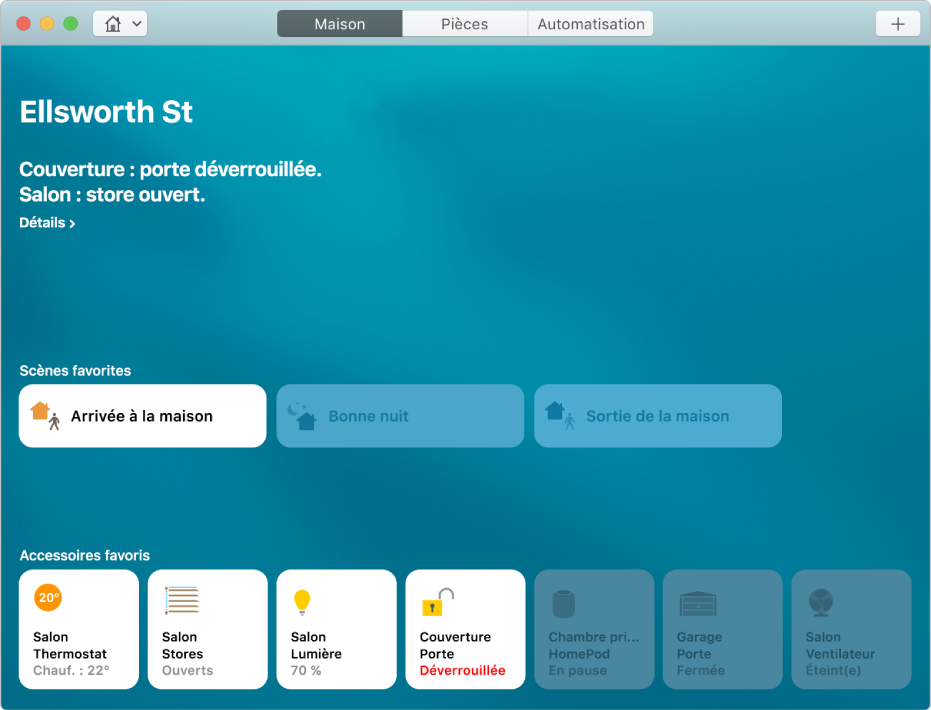 L’écran Maison affichant « Je suis à la maison » en tant que scène favorite et divers accessoires favoris.