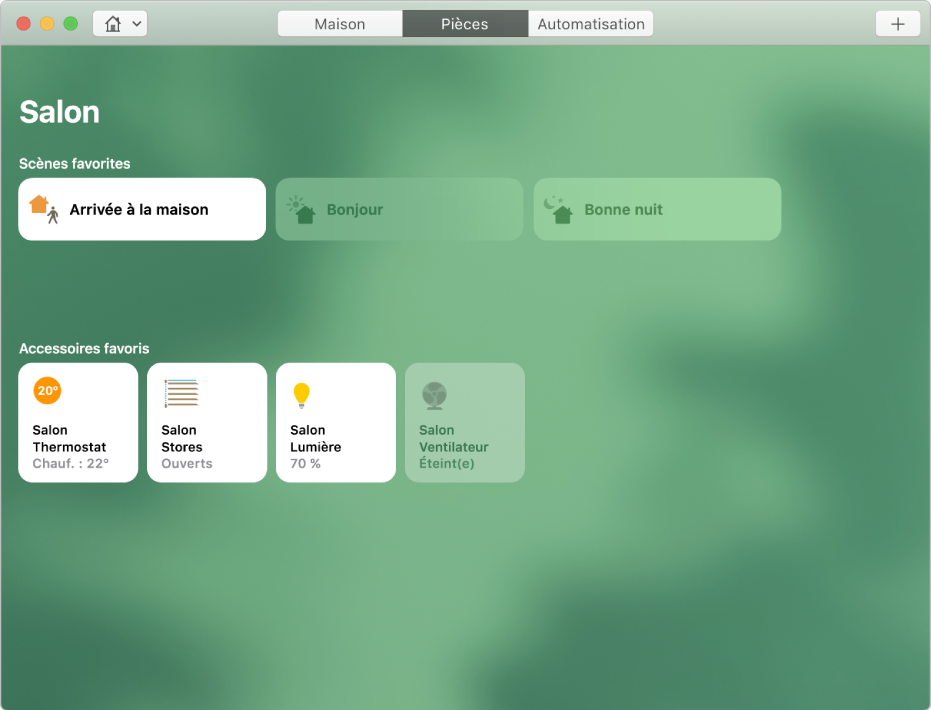 Le salon affichant la scène « Je suis à la maison » qui comprend le thermostat, les stores et les lumières du salon.
