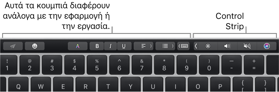 Το Touch Bar με κουμπιά που διαφέρουν ανάλογα με την εφαρμογή ή την εργασία στα αριστερά και το συμπτυγμένο Control Strip στα δεξιά.