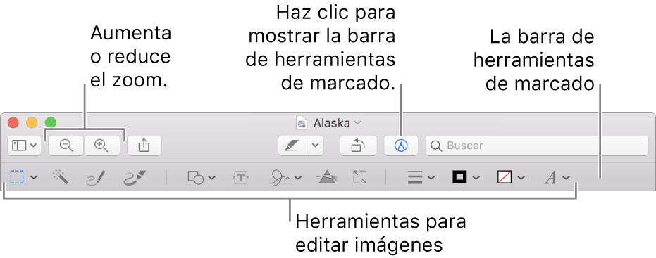 La barra de herramientas Marcación para editar imágenes.