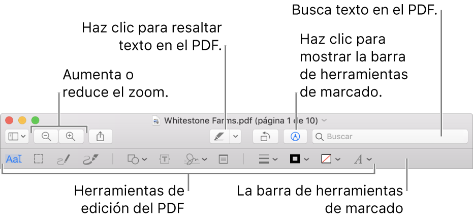 La barra de herramientas Marcación para marcar un PDF.