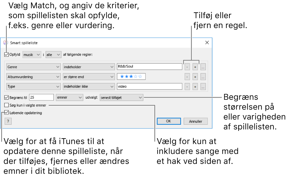 Vinduet Smart playliste: I det øverste venstre hjørne skal du vælge Opfyld og derefter angive kriterierne for playlisten (f.eks. genre eller vurdering). Fortsæt med at tilføje eller fjerne regler ved at klikke på knappen Tilføj eller Fjern i det øverste højre hjørne. Vælg forskellige indstillinger i den nederste del af vinduet – f.eks. begrænsning af størrelsen på eller varigheden af playlisten, inkl. kun valgte sange eller at iTunes skal opdatere playlisten, når emner i biblioteket ændres.