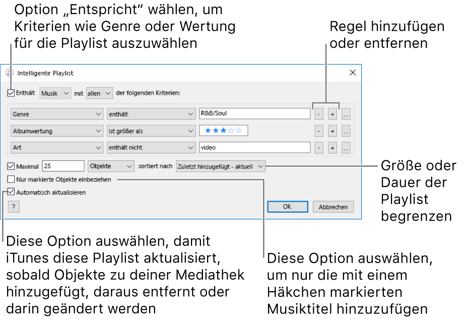 Das Fenster „Intelligente Playlist“ Wähle oben links „Enthält“ und gib die Kriterien für die Playlist an (etwa Genre oder Wertung). Durch Klicken auf die Schaltfläche „Hinzufügen“ oder „Entfernen“ kannst du weitere Regeln hinzufügen oder Regeln entfernen. Im unteren Bereich des Fensters kannst du verschiedene Optionen auswählen, um z. B. die Größe oder Dauer der Playlist zu beschränken, um nur solche Titel aufzunehmen, die markiert sind, oder um iTunes die Playlist ändern zu lassen, wenn sich Objekte in deiner Mediathek ändern.
