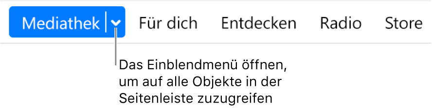 Die Schaltfläche „Mediathek“ in der Navigationsleiste mit dem Popupmenü, über das du durch Klicken auf alle Seitenleistenobjekte zugreifen kannst, wenn die Seitenleiste ausgeblendet ist.