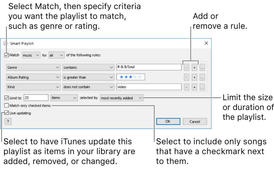 The Smart Playlist window: In the upper-left corner, select Match, then specify the playlist criteria (such as genre or rating). Continue to add or remove rules by clicking the Add or Remove buttons in the upper-right corner. Select various options in the lower portion of the window such as limiting the size or duration of the playlist, including only songs that are ticked or having iTunes update the playlist as items in your library change.