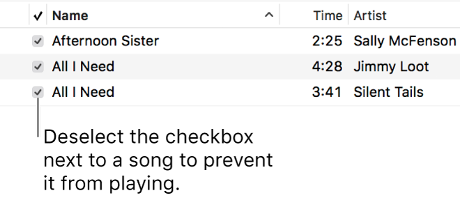 Detail of the Songs view in music, showing the checkboxes on the left. Deselect the checkbox next to a song to prevent it from playing.