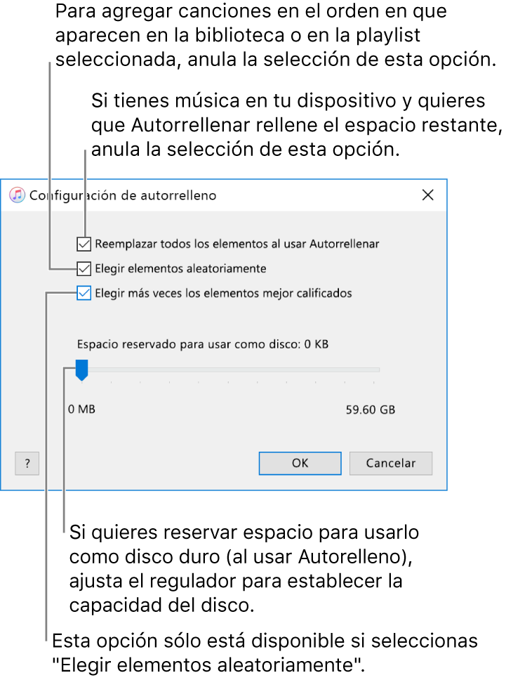 El cuadro de diálogo "Configuración de autorrelleno" mostrando cuatro opciones de arriba a abajo. Si tienes música en tu dispositivo y quieres autorrellenar el espacio restante, anula la selección de "Reemplazar todos los elementos al usar Autorrelleno". Para agregar canciones en el orden en el que aparecen en tu biblioteca o en la playlist seleccionada, anula la selección de "Elegir elementos aleatoriamente". La siguiente opción, "Elegir más veces los elementos mejor calificados" está disponible sólo cuando seleccionas "Elegir elementos aleatoriamente". Si quieres reservar espacio para usar como disco duro, ajusta el regulador para establecer la capacidad del disco.