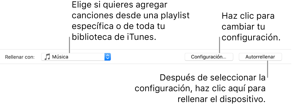 Las opciones de autorrelleno en el área inferior del panel Música. En el extremo izquierdo se encuentra el menú desplegable Autorrellenar, donde puedes optar por agregar canciones de una playlist o de toda tu biblioteca. En el extremo derecho se encuentran dos botones: Configuración, que permite cambiar las opciones de autorrelleno, y el botón Autorrelleno. Cuando haces clic en Autorrelleno, tu dispositivo se rellena con las canciones que cumplen con el criterio.