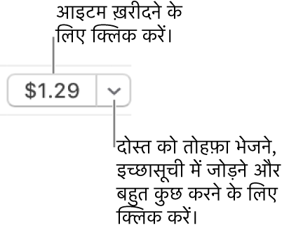 प्राइस दिखाने वाला एक बटन। आइटम ख़रीदने के लिए क़ीमत पर क्लिक करें। दोस्त को आइटम गिफ़्ट करने के लिए प्रकटीकरण त्रिभुज पर क्लिक करें, अपनी इच्छा सूची में आइटम जोड़ें, इत्यादि।