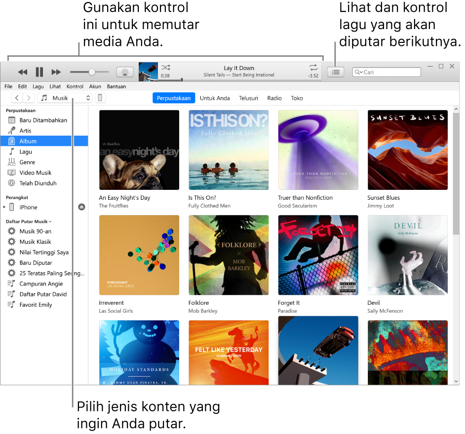 Jendela utama Perpustakaan iTunes: Di navigator, pilih jenis media untuk diputar (seperti Musik). Gunakan kontrol di spanduk pada bagian atas untuk memutar media, dan gunakan menu pop-up Berikutnya di sebelah kanan untuk melihat perpustakaan dengan cara yang berbeda.