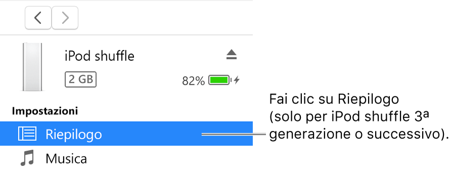 La finestra Dispositivo, con la voce Riepilogo selezionata nella barra laterale a sinistra.