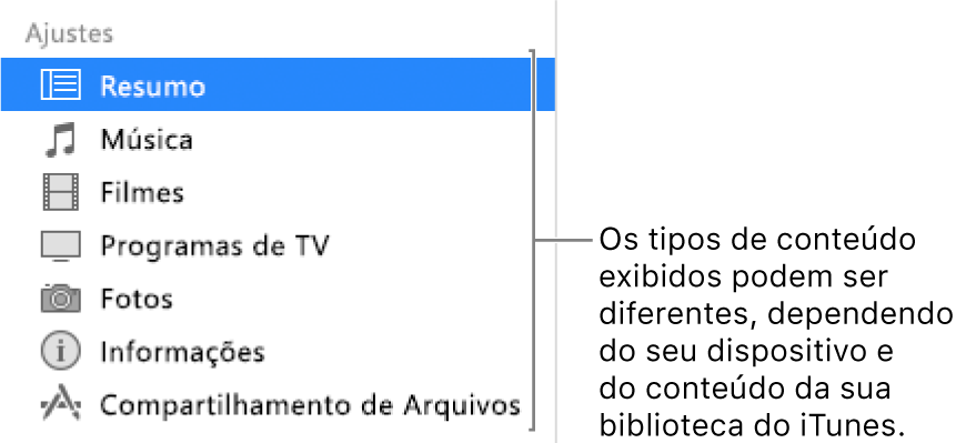 Resumo está selecionado na barra lateral à esquerda. Os tipos de conteúdo que aparecem podem variar, dependendo do seu dispositivo e do conteúdo da sua biblioteca do iTunes.