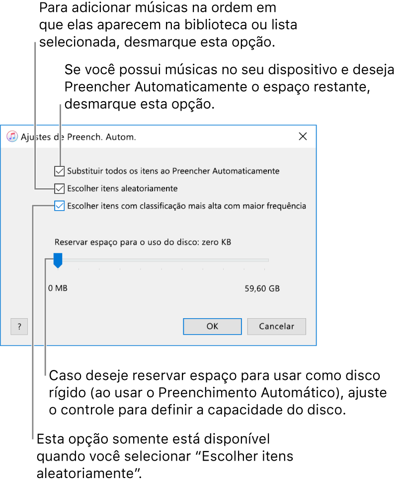 Diálogo das Configurações de Preenchimento Automático mostrando quatro opções, de cima para baixo. Caso tenha músicas no dispositivo e deseja preencher automaticamente o espaço restante, desmarque a opção “Substituir todos os itens ao Preencher Automaticamente”. Para adicionar músicas na ordem em que aparecem na biblioteca ou playlist selecionada, desmarque a opção “Escolher itens aleatoriamente”. A opção seguinte “Escolher itens com classificação mais alta com maior frequência” fica disponível somente ao selecionar a opção “Escolher itens aleatoriamente”. Caso deseje reservar espaço para ser usado como disco, ajuste o controle deslizante para definir a capacidade do disco.