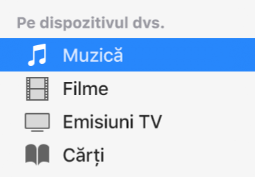 Secțiunea Pe dispozitivul dvs. a barei laterale, cu opțiunea Muzică selectată.