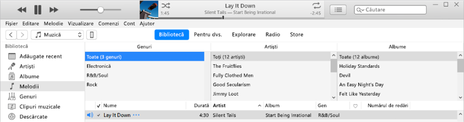 Fereastra principală iTunes: Browserul de coloane apare în partea dreaptă a barei laterale și deasupra listei de melodii.