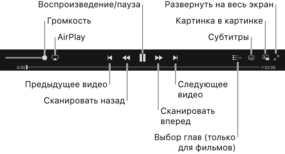 Элементы управления видео: Громкость, AirPlay, Предыдущее видео, Сканировать назад, Воспроизведение/Пауза, Сканировать вперед, Следующее видео, Выбор глав (только для фильмов), Субтитры, Картинка в картинке, Во весь экран.