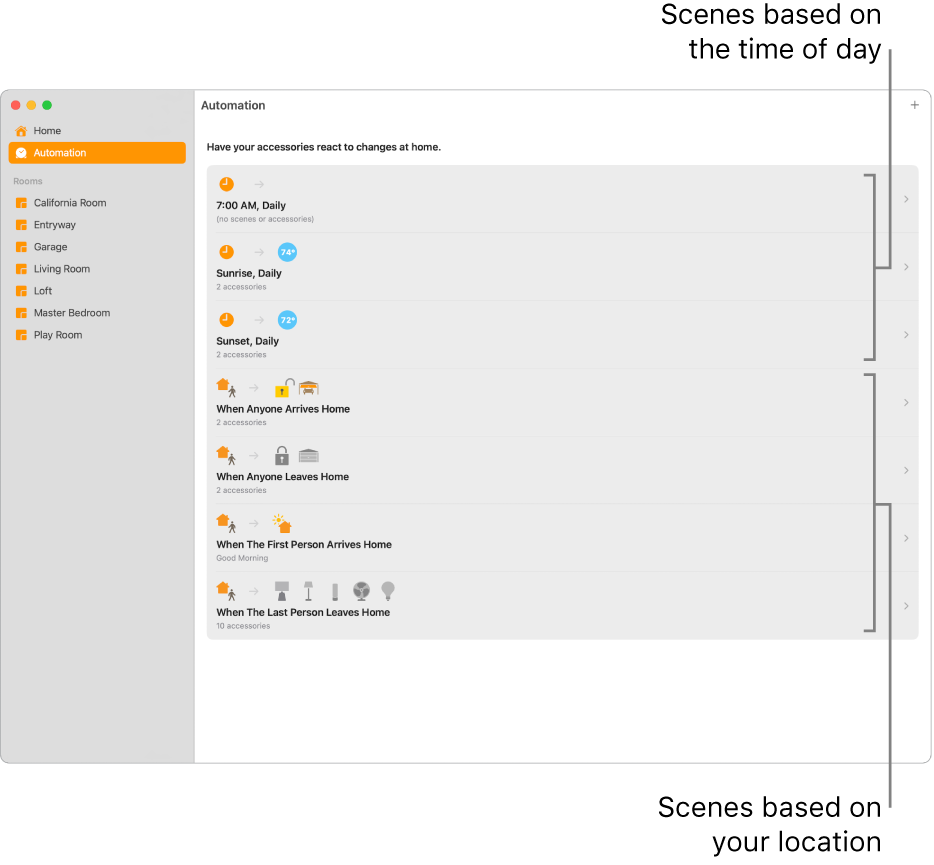 The Automation screen displaying scenes based on the time of day and scenes based on location, such as when someone arrives or leaves home.