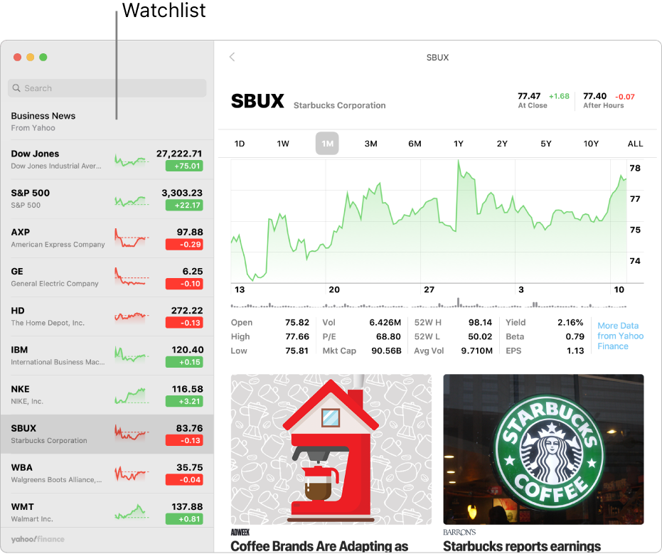 A Stocks window showing the watchlist on the left with a ticker symbol selected and information about the selected symbol on the right.