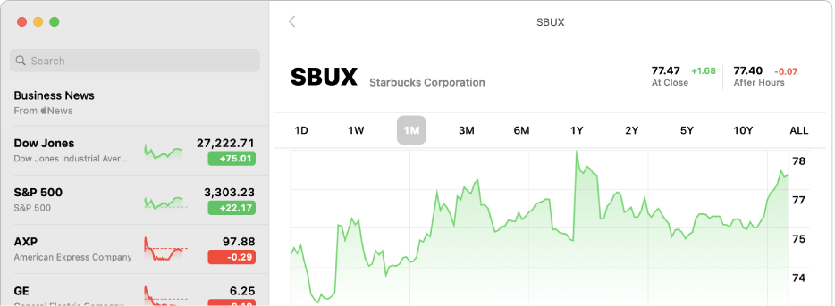 A Stocks window showing a chart with two years of data for a ticker symbol.