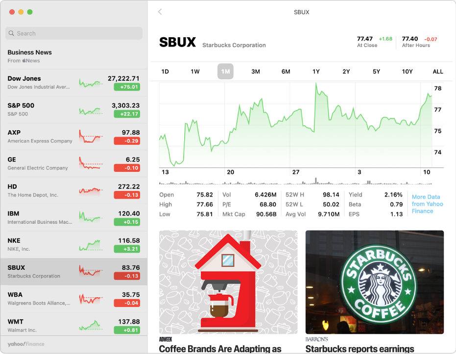 A Stocks window, showing the watchlist on the left, a chart in the upper right, and news headlines in the lower right.