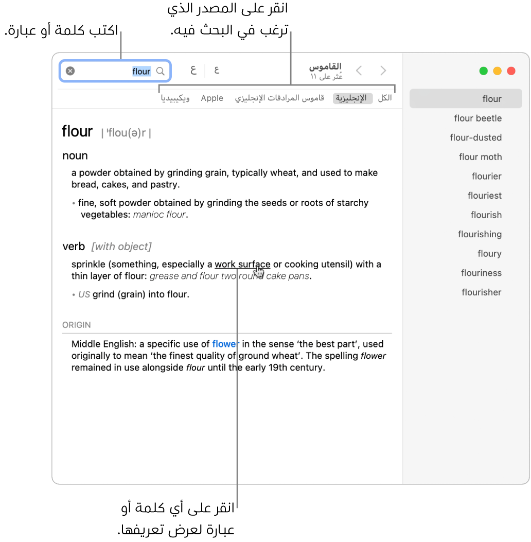 نافذة القاموس الكاملة ويظهر بها تعريف. انقر على أي كلمة أو عبارة في التعريف لعرض تعريفها. لتحديد مصدر للبحث فيه، انقر على اسمه في شريط المصادر الموجود أسفل شريط الأدوات. اكتب كلمة أو عبارة في حقل البحث.