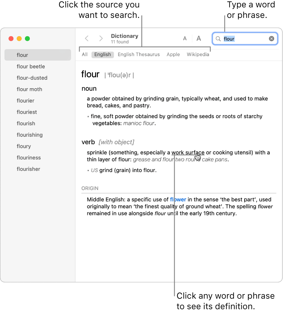 The full Dictionary window showing a definition. Click any word or phrase in the definition to see its definition. To select a source to search, click its name in the source bar, located below the toolbar. Type a word or phrase into the search field.