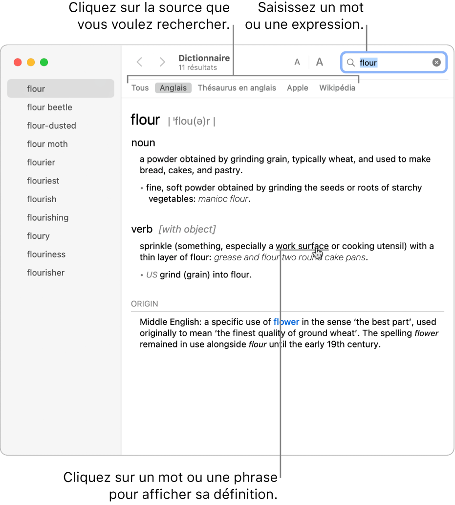 Fenêtre Dictionnaire complète affichant une définition. Cliquez sur un mot ou une phrase dans une définition pour afficher sa définition. Pour sélectionner une source à rechercher, cliquez sur son nom dans la barre des sources, sous la barre d’outils. Saisissez un mot ou une expression dans le champ de recherche.