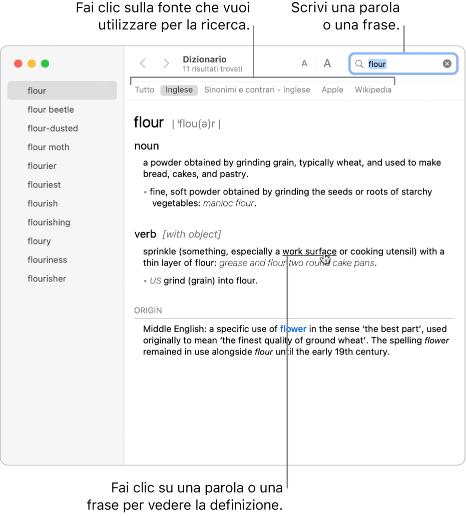 La finestra di Dizionario completa quando mostra una definizione. Fai clic su una parola o una frase qualsiasi all'interno della definizione per visualizzarne la definizione. Per selezionare una fonte in cui cercare, fai clic sul suo nome nella barra delle fonti, situata sotto la barra degli strumenti. Digita una parola o una frase nel campo di ricerca.