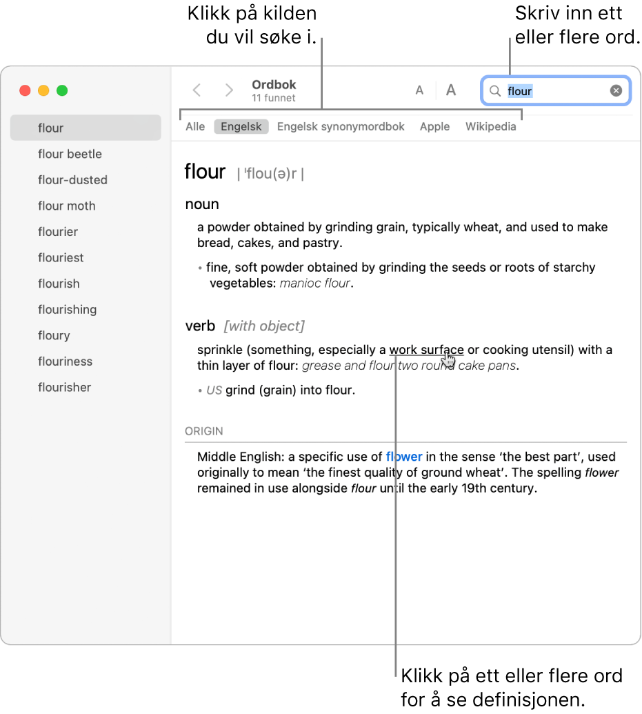 Ordbok-vinduet som viser en definisjon. Klikk på et ord eller en frase i definisjonen for å se definisjonen av ordet eller frasen. Du kan velge kilden du vil søke i, ved å klikke på navnet i kildelinjen nedenfor verktøylinjen. Skriv inn et ord eller uttrykk i søkefeltet.