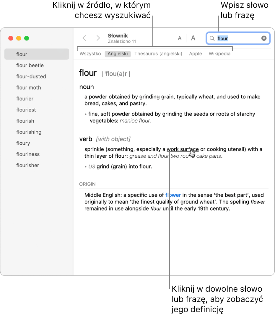 Pełne okno Słownika zawierające definicję. Kliknij w dowolne słowo lub frazę w wyświetlonej definicji, aby zobaczyć definicję danej rzeczy. Aby wybrać źródło, kliknij w jego nazwę na pasku źródeł (pod paskiem menu). Wpisz wyraz lub frazę w polu wyszukiwania.