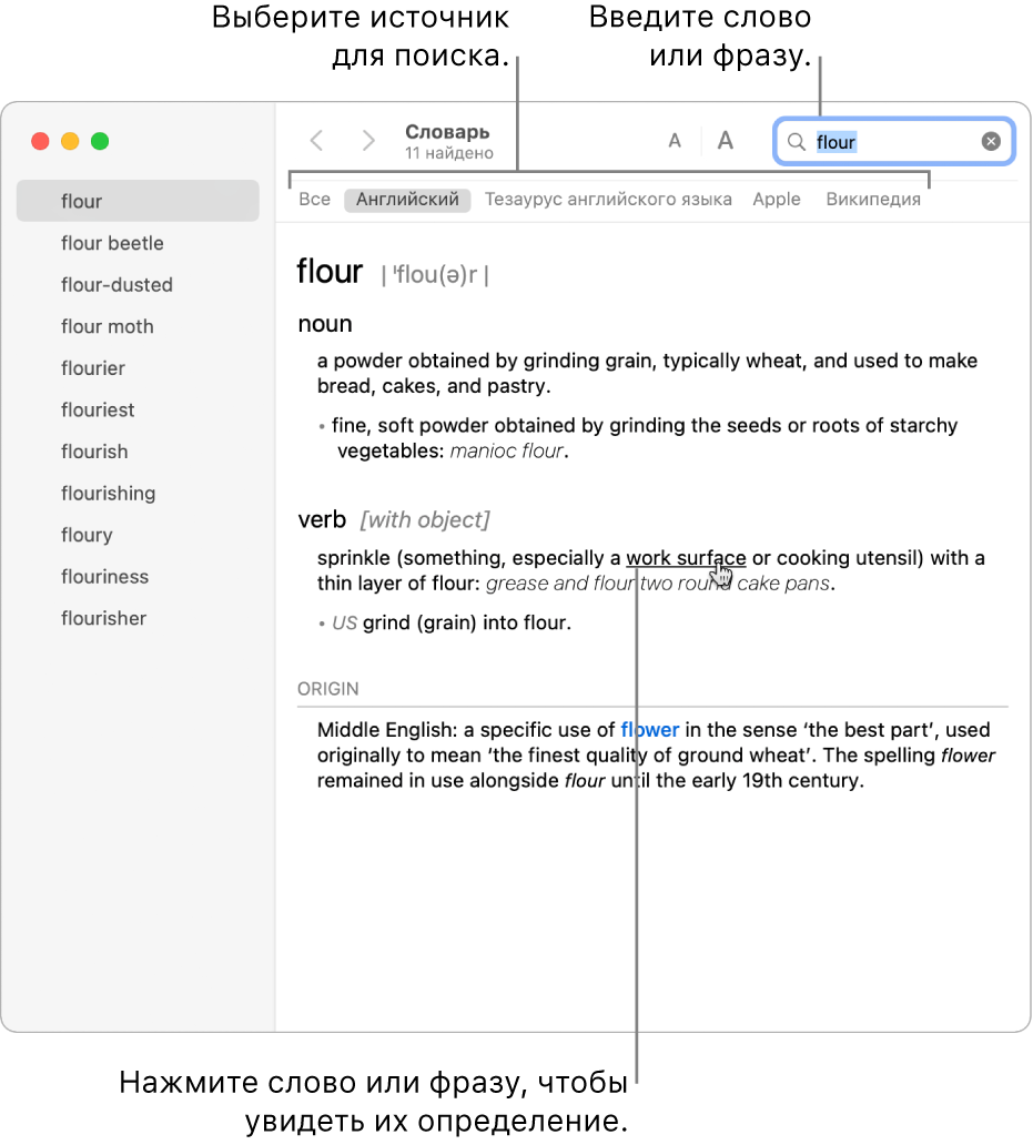 Основное окно Словаря с определением. Нажмите любое слово или фразу в определении, чтобы, в свою очередь, увидеть их определение. Чтобы выбрать источник, в котором требуется найти информацию, нажмите имя источника в панели источников, расположенной ниже панели инструментов. Введите слово или словосочетание в поле поиска.