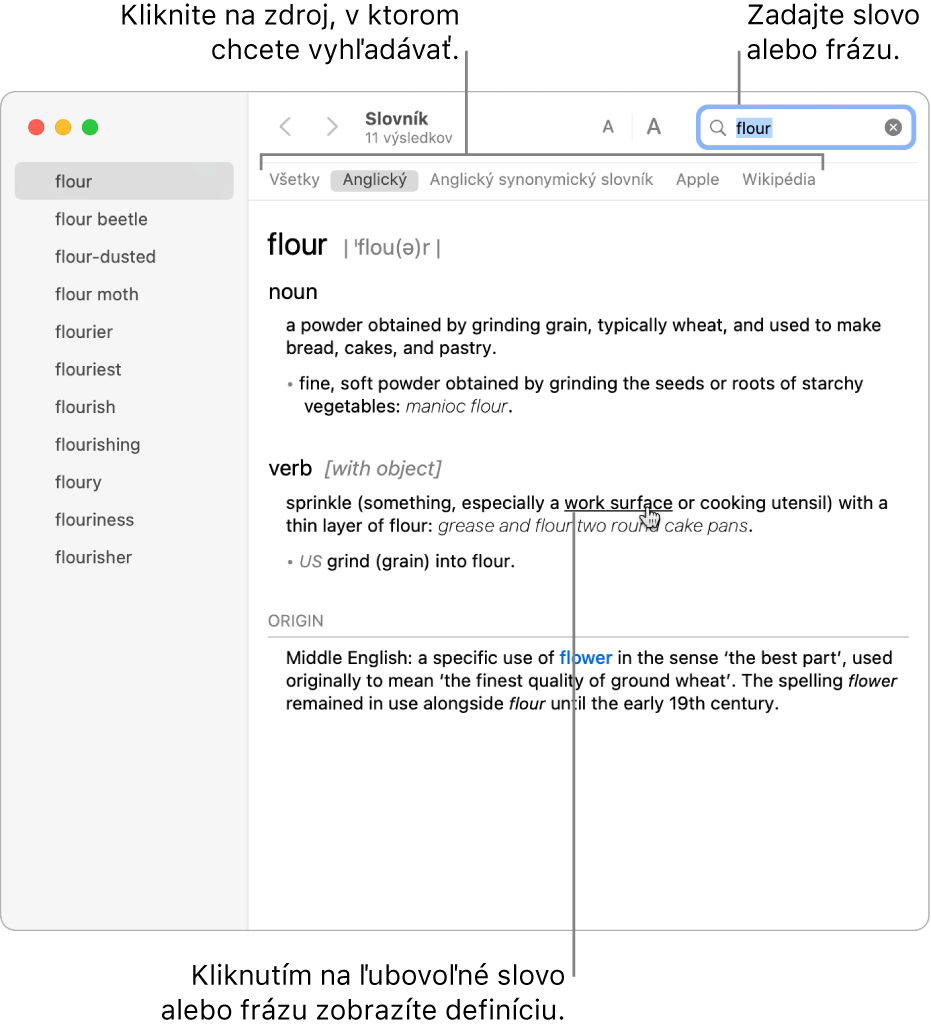 V samostatnom okne Slovníka sa zobrazí definícia. Kliknutím na ľubovoľné slovo alebo frázu v definícii zobrazíte danú definíciu. Ak chcete vybrať zdroj vyhľadávania, kliknite na jeho názov v lište zdroja umiestnenej pod panelom s nástrojmi. Do vyhľadávacieho poľa zadajte slovo alebo frázu.