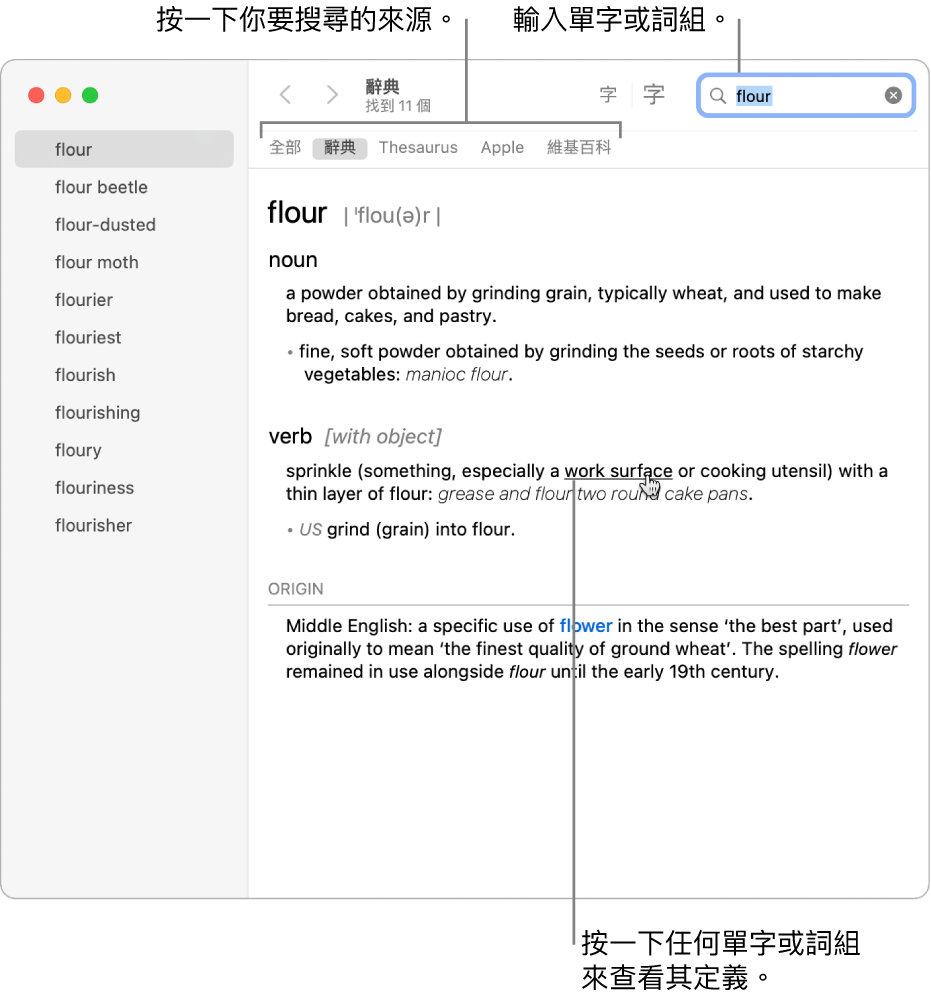 完整「辭典」視窗顯示定義。按一下定義中的任何一個單字或詞組來查看定義。如要選擇搜尋來源，請在來源列中按一下它的名稱（於工具列下方）。在搜尋欄位中輸入單字或詞組。