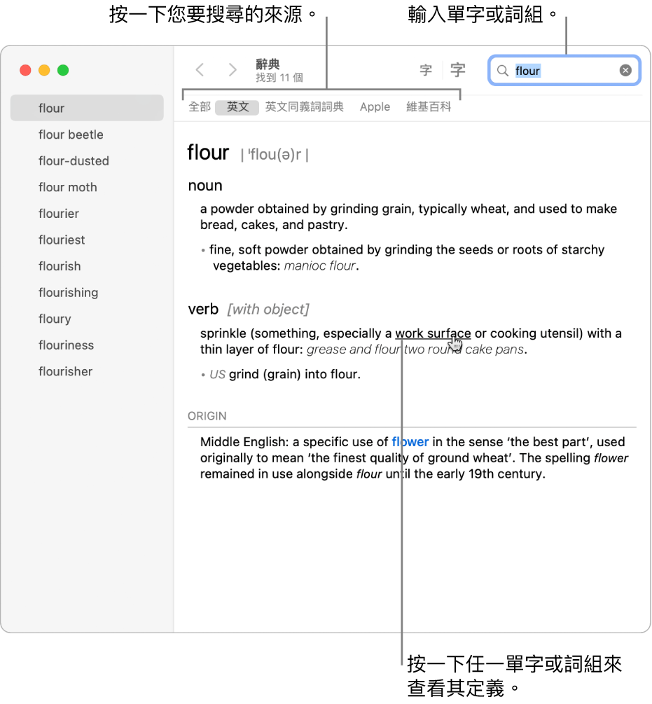 完整「辭典」視窗顯示定義。按一下定義中的任一單字或詞組來查看其定義。若要選擇要搜尋的來源，請在來源列中按一下其名稱（位於工具列下方）。在搜尋欄位中輸入單字或詞組。