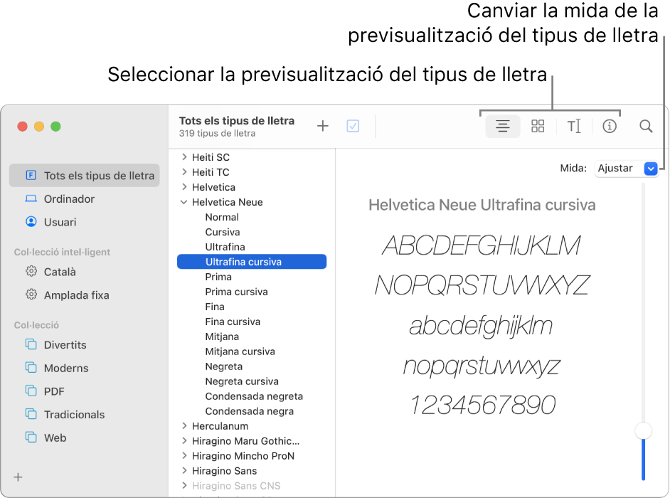 Finestra Catàleg Tipogràfic que mostra botons a la barra d’eines per escollir el tipus de previsualització del tipus de lletra i un regulador vertical a l’extrem dret per canviar la mida de previsualització.