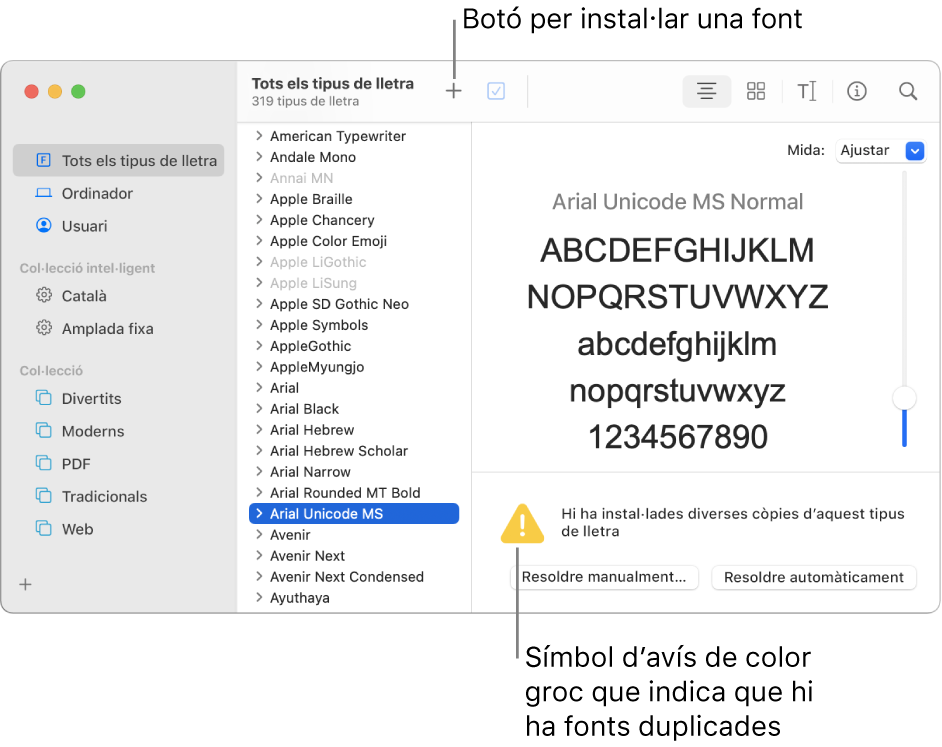 Finestra del Catàleg Tipogràfic que mostra el botó Afegir de la barra d’eines per afegir un tipus de lletra, i un símbol groc d'avís a l’angle inferior dret que identifica els tipus de lletra duplicats.