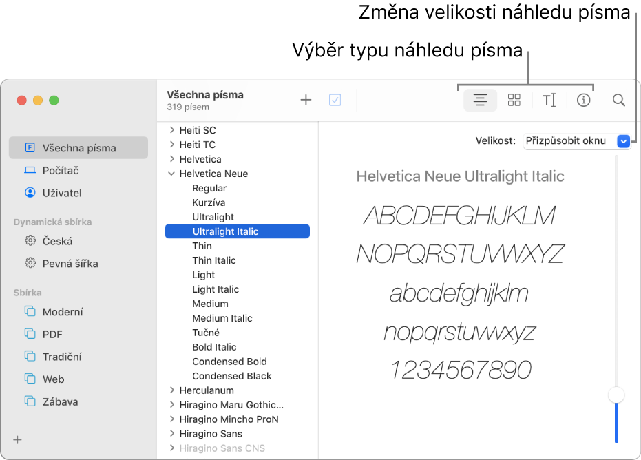 Okno Kniha písem, v němž jsou na panelu nástrojů vidět tlačítka pro výběr typu náhledu písma a zcela vpravo svislý jezdec pro změnu velikosti náhledu