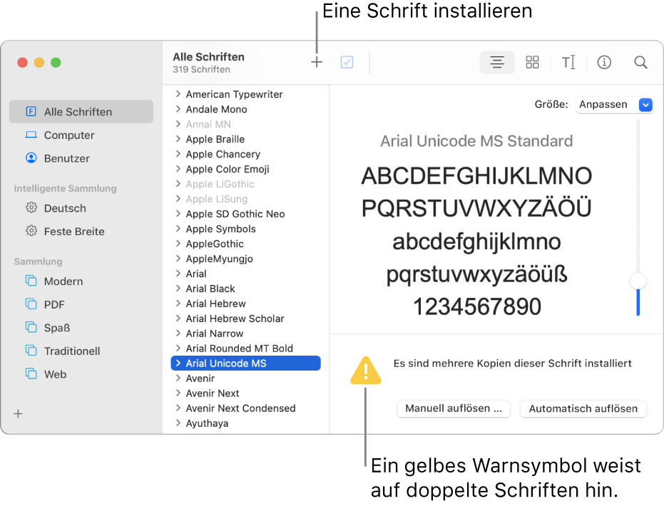 Das Fenster der Schriftsammlung mit der Taste „Hinzufügen“ in der Symbolleiste zum Hinzufügen einer Schrift, unten rechts ist ein gelbes Warnsymbol zu sehen, dass auf doppelte Schriftversionen hinweist