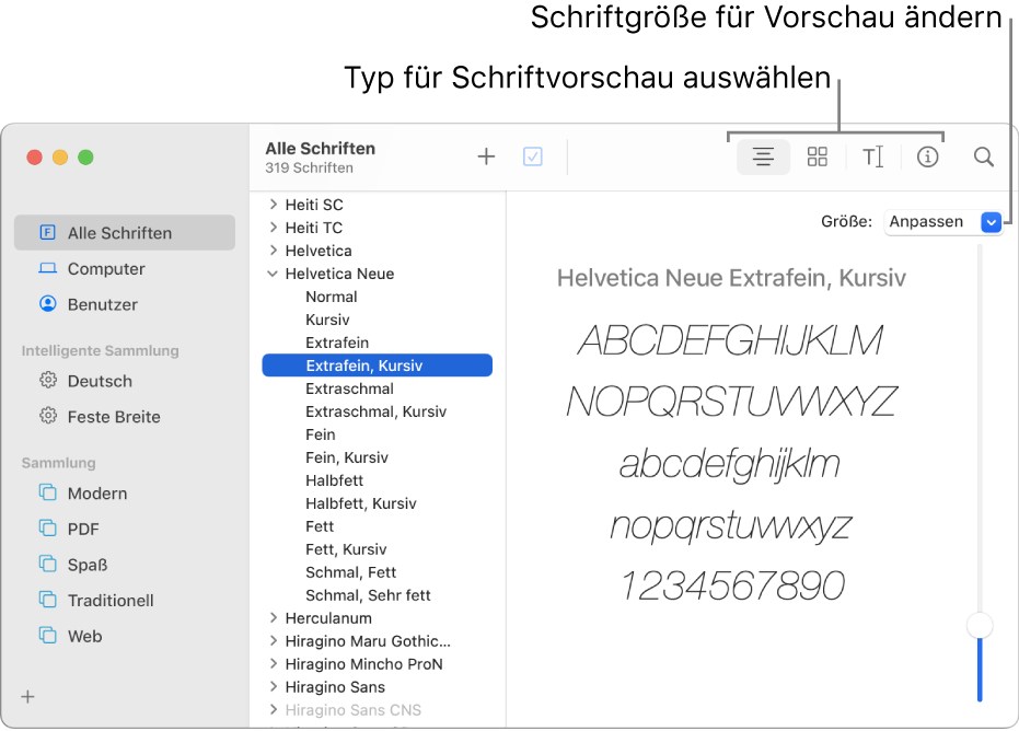 Das Fenster „Schriftsammlung“ mit Tasten in der Symbolleiste zum Auswählen der Schriftvorschau und einem vertikalen Regler ganz rechts zum Ändern der Vorschaugröße.