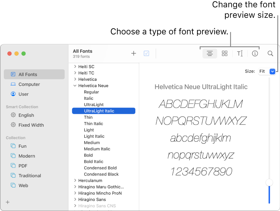 The Font Book window showing buttons in the toolbar for choosing the type of font preview, and a vertical slider at the far right for changing the preview size.