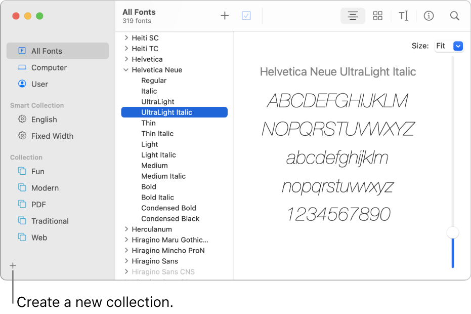 The Font Book window showing the Add button in the lower-left corner to create a new collection.