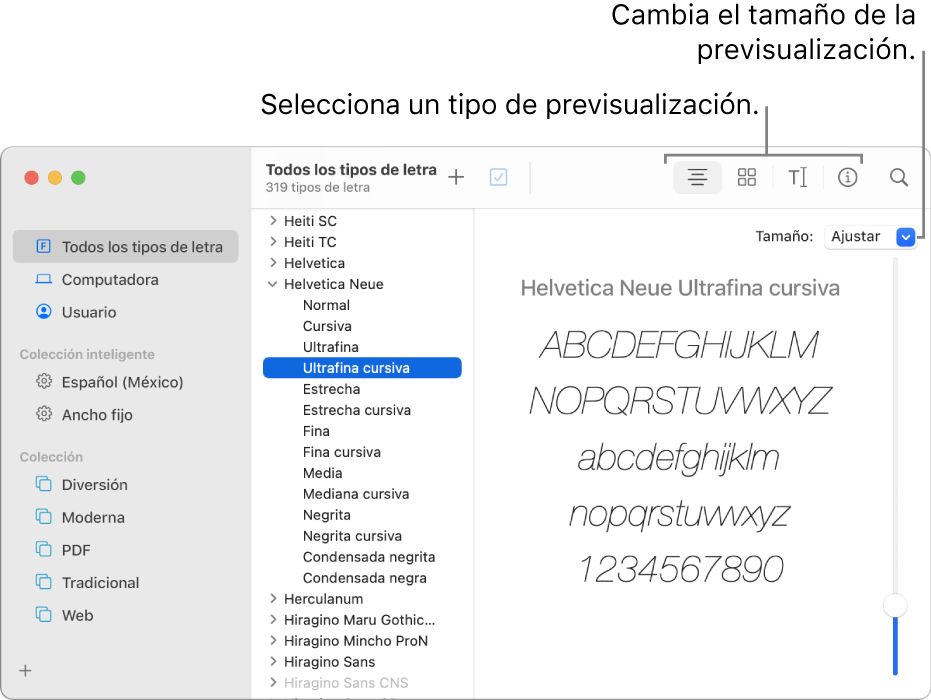 La ventana de Catálogo Tipográfico mostrando la barra de herramientas en la parte superior izquierda para elegir el tipo de vista previa de los tipos de letra, y un regulador vertical en la parte derecha para cambiar el tamaño de la vista previa.