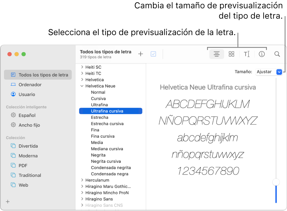 La ventana de Catálogo Tipográfico con botones en la barra de herramientas para seleccionar el tipo de previsualización del tipo de letra y un regulador vertical en el extremo derecho para cambiar el tamaño de la previsualización.