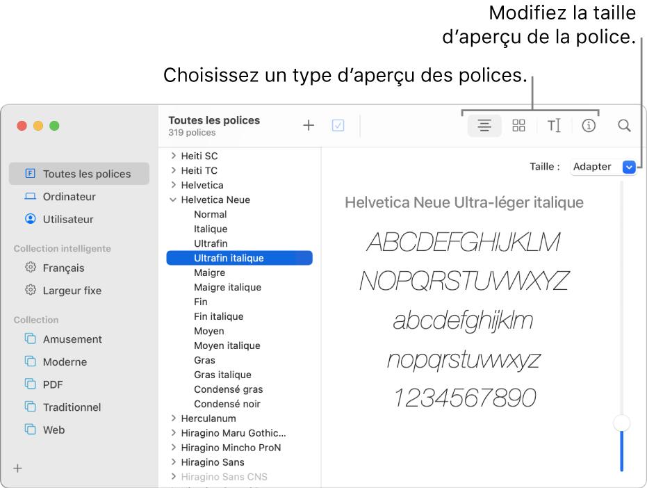 La fenêtre « Livre des polices » affichant des boutons dans la barre d’outils pour choisir le type d’aperçu des polices et un curseur vertical à l’extrême droite pour changer la taille de l’aperçu.