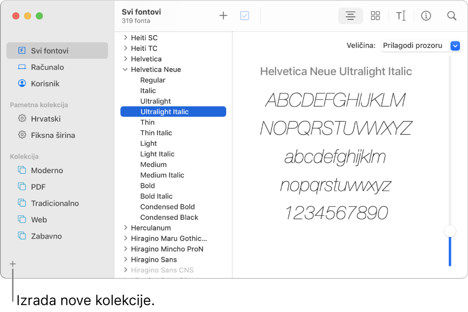 Prozor Knjiga fontova koji prikazuje tipku Dodaj u donjem lijevom kutu za izradu nove kolekcije.