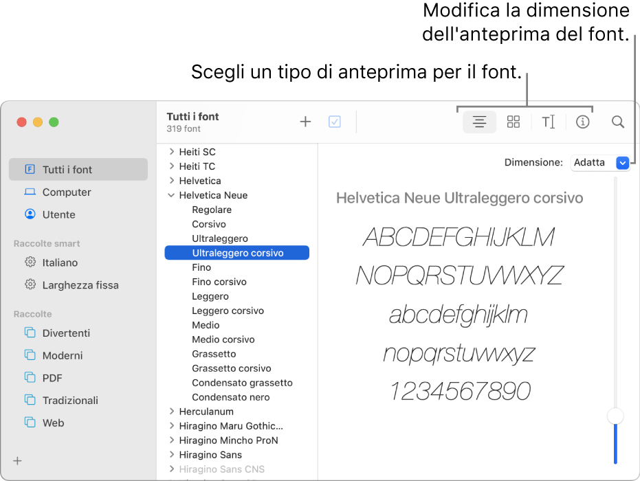 La finestra di Libro Font, con i pulsanti della barra degli strumenti per scegliere il tipo di anteprima font e un cursore verticale sulla destra per cambiare le dimensioni dell'anteprima.