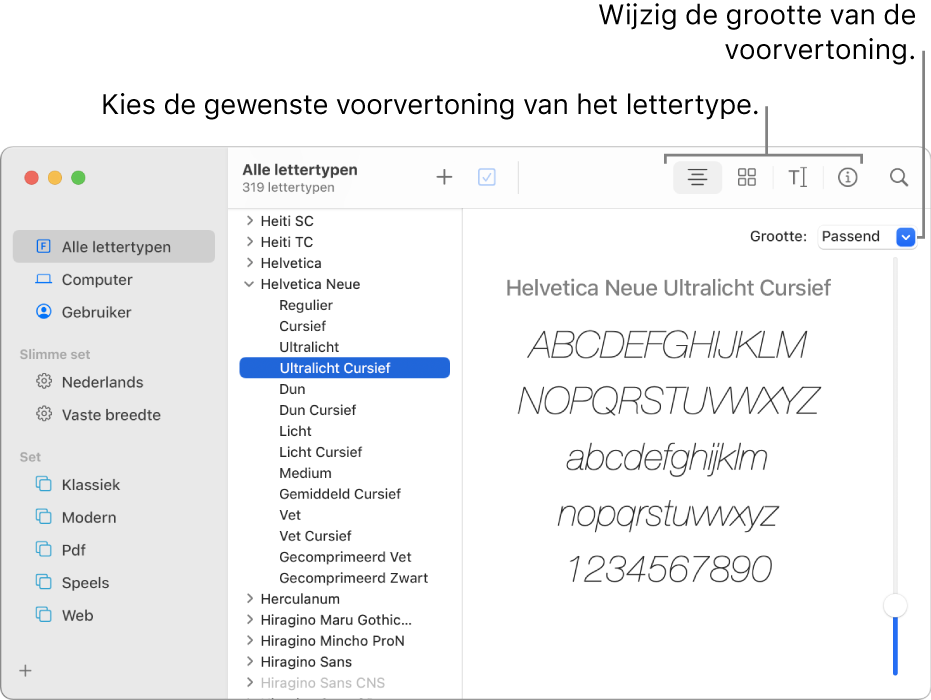 Het venster van Lettertypecatalogus met knoppen in de knoppenbalk voor het kiezen van de soort voorvertoning en een verticale schuifknop aan de rechterkant voor het wijzigen van de grootte van de voorvertoning.